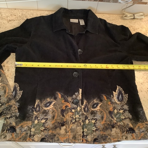 Chico’s Black Corduroy Jacket Size Large (2) Feather & Floral Button Close - Picture 5 of 9